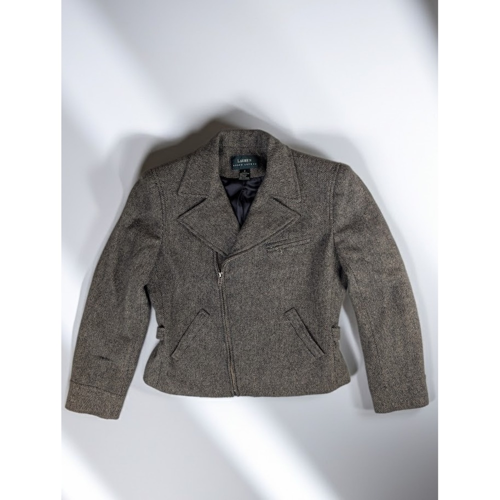Lauren Ralph Lauren Women's 6 Brown Tweed Wool Zip Blazer Moto Jacket